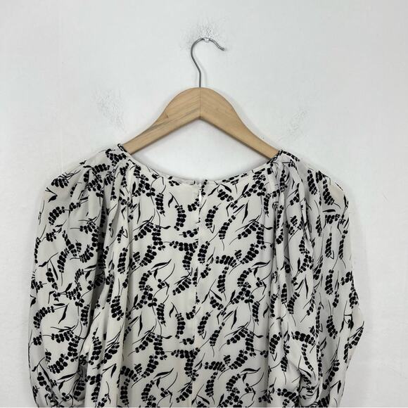 Lewit Black White Floral Silk Slit Neck Tulip Sleeves Dress Size 14 - Picture 10 of 16